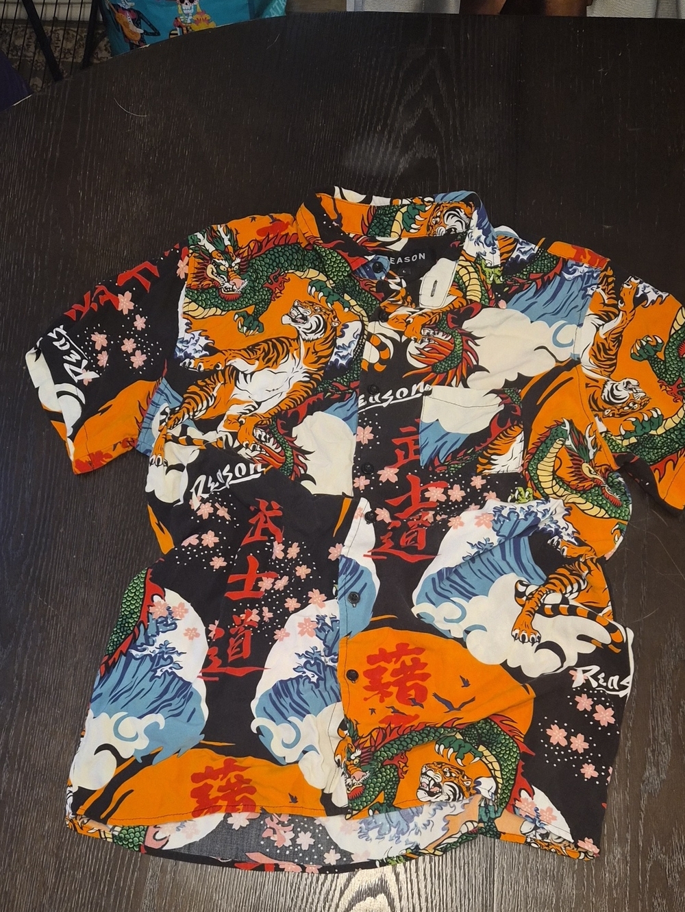 Short Sleeve Dragon Print Button Up